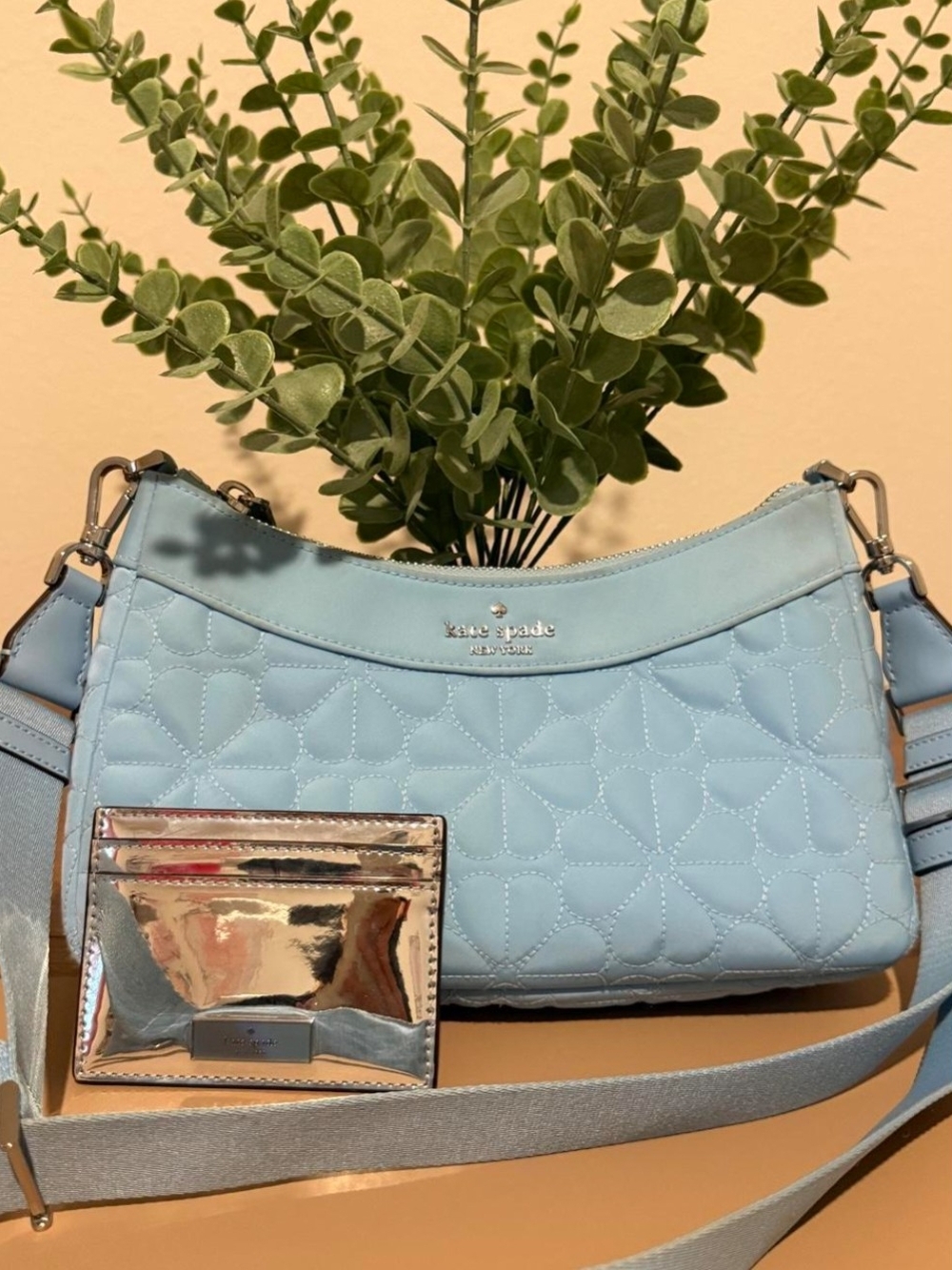 kate spade Sky Blue Quilted Shoulder Bag with Silver Cardholder